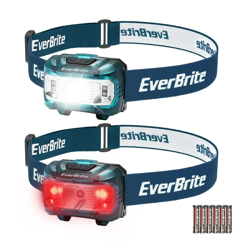 EverBrite LED Stirnlampe 2 Stück blau mit Rotlicht & Grünlicht, Kopflampe mit 5 Lichtmodi, Weihnachtsgeschenke Mitgebsel zum Camping, Outdoor, Weihnacht [mit 6 AAA Batterien]