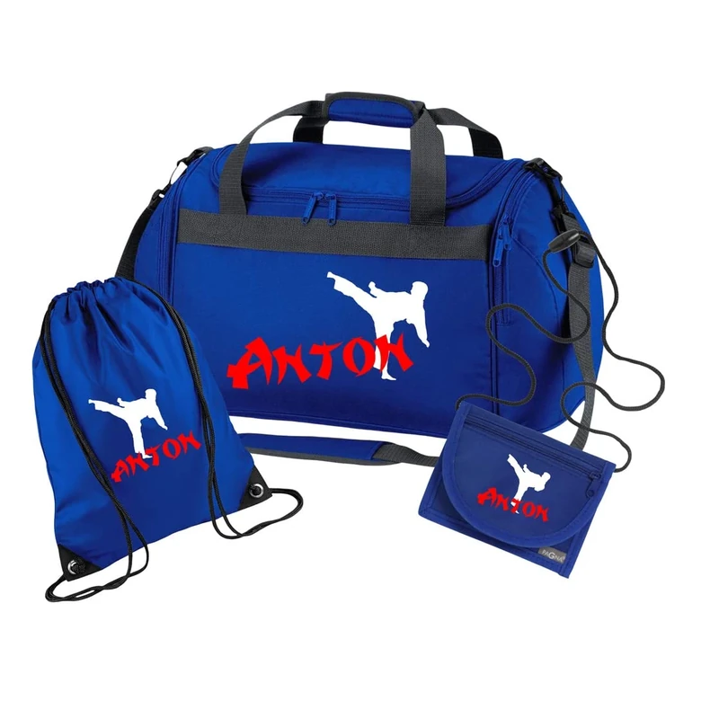 Sporttasche Karate mit Namen für Jungen | Personalisierte Kinder-Reisetasche Kampfsport Judo | Groß für Sport-Verein (Royalblau 3-TLG. komplett)