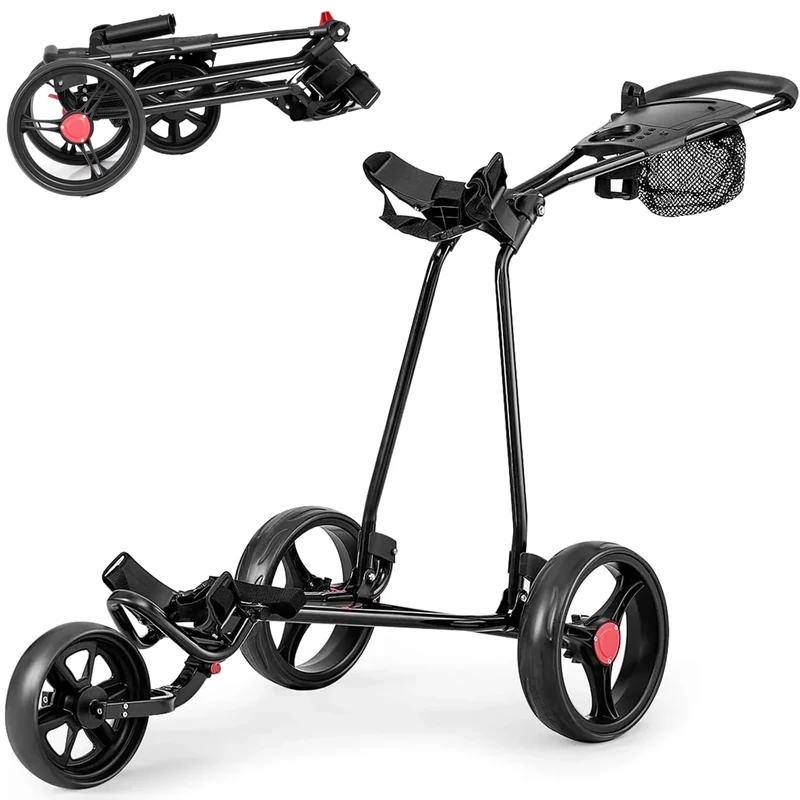 GYMAX Golftrolley faltbar, Golfwagen 3 Rad mit Scorekartenhalter, Getränkehalter & Regenschirmhalter, Golf Push Cart mit verstellbarem Griff aus Eisen, Schwarz