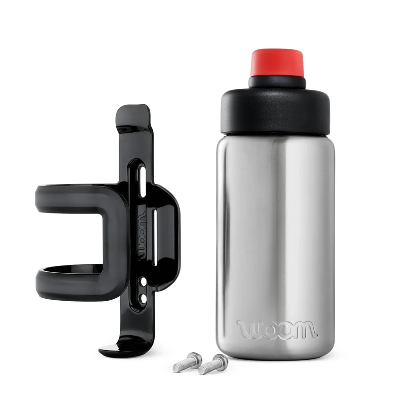 woom GLUG Edelstahlflasche mit Flaschenhalter, Trinkflasche für Kinder, Fahrradflasche, 500 ml, Auslaufsicher, Logo, Silber - Image 1