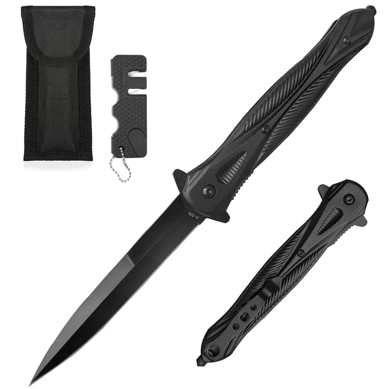 Klappmesser Taschenmesser mit Gürteltasche & Messerschärfer, Scharfer Einhandmesser mit Gürtelclip, Outdoor Schwarz Messer für Camping, Angeln (007FB-2)