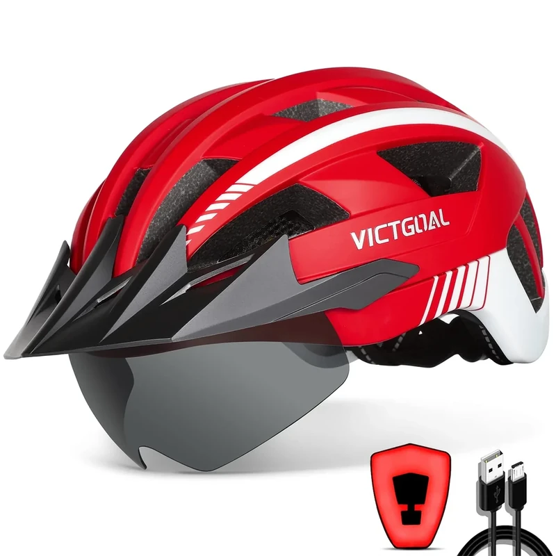 VICTGOAL Fahrradhelm Herren Damen MTB Helm mit Abnehmbarer Magnetische Schutzbrille Visier Atmungsaktiv mit 21 Belüftungskanäle Radhelm Einstellbare Fahrradhelme (M: 54-58cm, Rot)