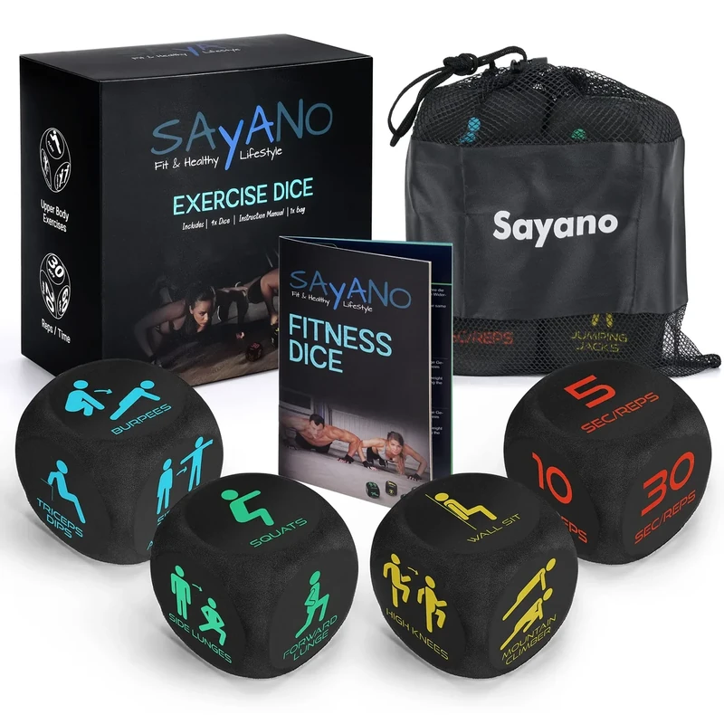 Sayano - 4 Fitnesswürfel Workout Set für Home & Outdoor Training – Fitness Dice Trainingswürfel für Kraft, Cardio und HIIT Übungen – Fitnessspiel mit Tasche und Anleitung - Image 1