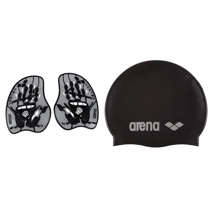 ARENA Unisex Schwimm Wettkampf Trainingshilfe Hand Paddle Vortex, Silver-Black (15), M & Unisex Badekappe Classic Silikon (Verstärkter Rand,Weich), Black-Silver (55), One Size
