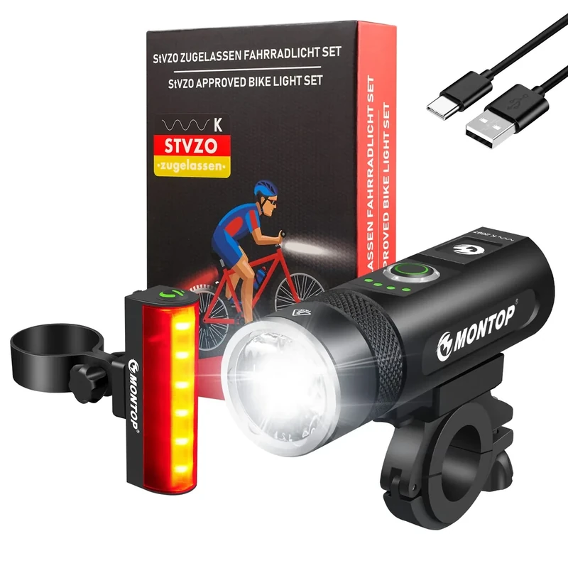 MONTOP StVZO Zugelassen Fahrradlicht Set2022 Model 100LUX Super Hell LED Fahrradbeleuchtung USB Akku Fahrradlampe, Bike Light INKL.Frontlichter & Rücklicht, für Kinder und Erwachsene