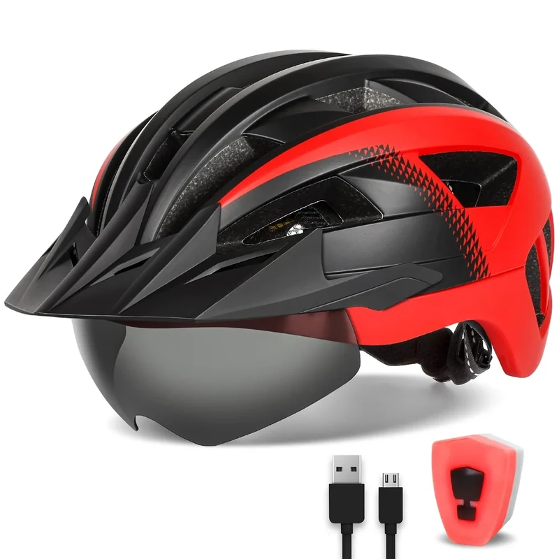 FUNWICT Fahrradhelm mit Visier für Herren Damen, Leichte Fahrradhelm mit Magnetischem Brille und USB-Aufladung LED Licht, Stylisch Mountainbike Helm (M: 54-58 cm, Schwarz Rot)