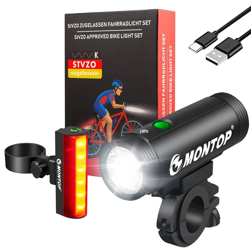 MONTOP StVZO Zugelassen Fahrradlicht Set USB Akku, LED Fahrradbeleuchtung Fahrradlampe, Bike Light Fahradbeleuchtungsset INKL. Frontlichter & Rücklicht, Fahrradlichter für Kinder und Erwachsene LITE