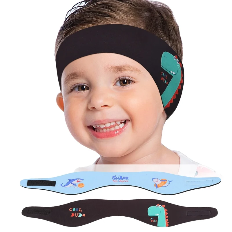 MoKo Schwimmen Stirnband, 2 Pack Neopren Schwimmband Ohrenband Wasserdichtes Kopfband Haarband mit Hohe Elastizität Ohrenschutz Band für Kinder Alter 3-9, M Größe - Schwarz Dinosaurier&Blau Hai
