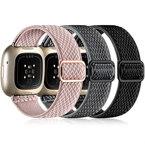 Oielai 3 Stück Armband Kompatibel mit Fitbit Versa 3 Armband/Fitbit Versa 4 Armband/Fitbit Sense 2 Armband/Sense Armband Damen Herren, Weich Elastisch Nylon Sport Ersatzband für Versa 4/Versa 3/Sense