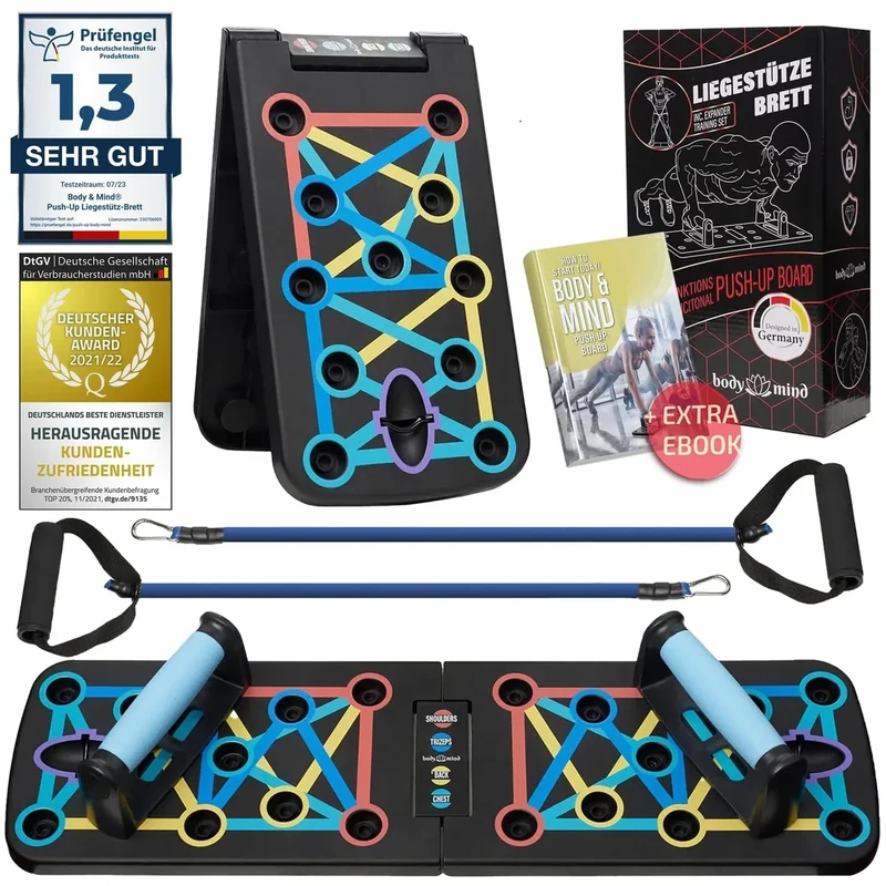 Body & Mind® Push-Up Liegestütz-Brett; Faltbares Multifunktions Elite Rack Fitness-Board für Ganzkörper-Training & Effektive Liegestützen; Liegestütz-Griffe mit Gratis Trainingsbänder & E-Book
