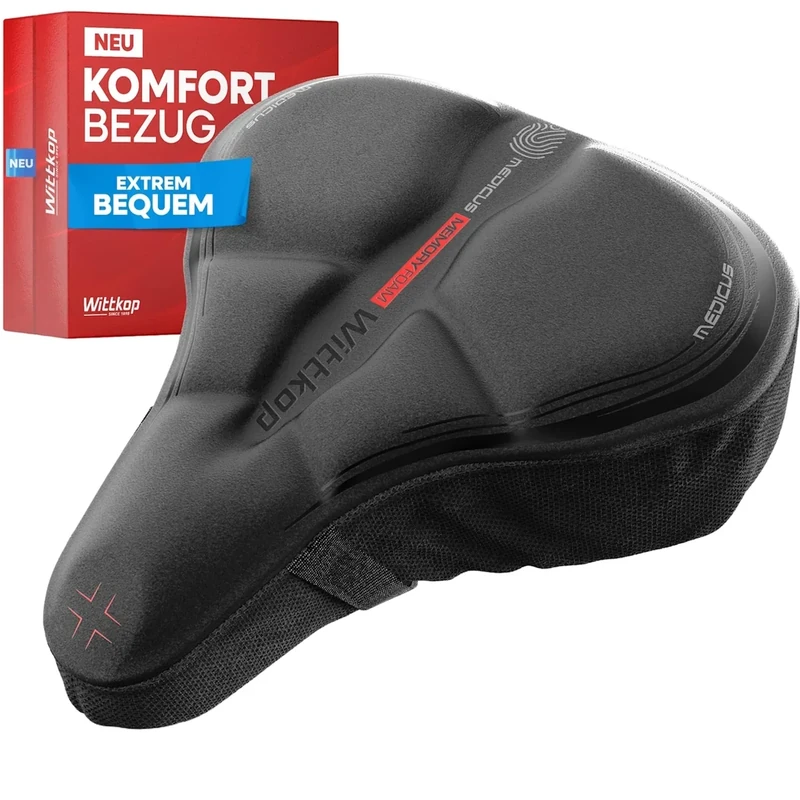 WITTKOP Fahrradsitzkissen mit Gelkissen & Memory-Schaum I Ergonomischer Fahrradsitzbezug für Damen und Herren mit 3-Zonen-Konzept I Bequemer Fahrradsattelbezug für Peloton & Fahrradsitz