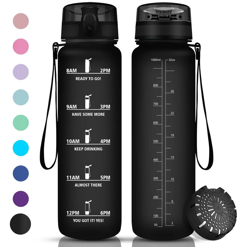 Vikaster Wasserflasche, 1 Liter Sportwasserflasche, BPA-frei, auslaufsicher und wiederverwendbar, mit einem Klick zu öffnende Wasserflasche, geeignet für Fitnessstudio, Yoga, Camping, Wandern