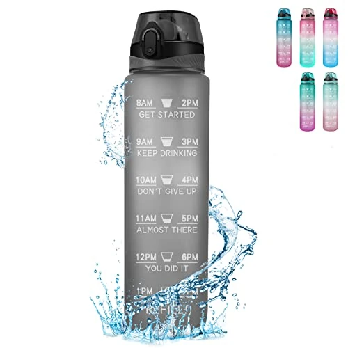 Binudum Trinkflasche Motivations Wasserflasche mit Zeitmarkierung, Sport Tritan BPA freie auslaufsichere Wasserflasche für Jugendliche, Erwachsene, Fitnessstudio (Mattes Grau, 1000ml)