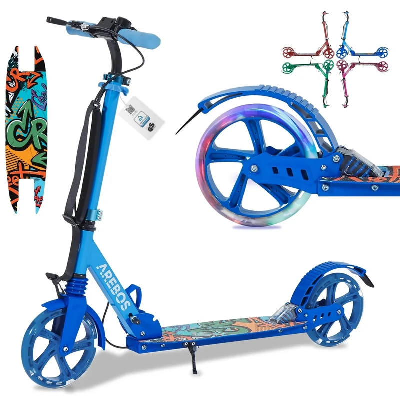 Arebos Cityroller Tretroller Blau höhenverstellbar | klappbar | inkl. Tragegurt | LED Räder | Hand-Tritt-Bremse | Front-Heckfederung | Kinder & Erwachsene | 100kg belastbar | Kickroller | Kickscooter