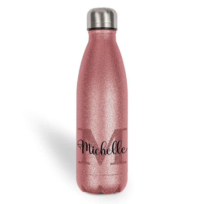 Personalisierte Glitzer Thermoflasche 500ml – Trinkflasche mit Namen aus Edelstahl – Thermosflasche Kinder & Erwachsene – Geschenk zur Einschulung, Schule, Büro, Sport – Glitzergeschenk, Rose