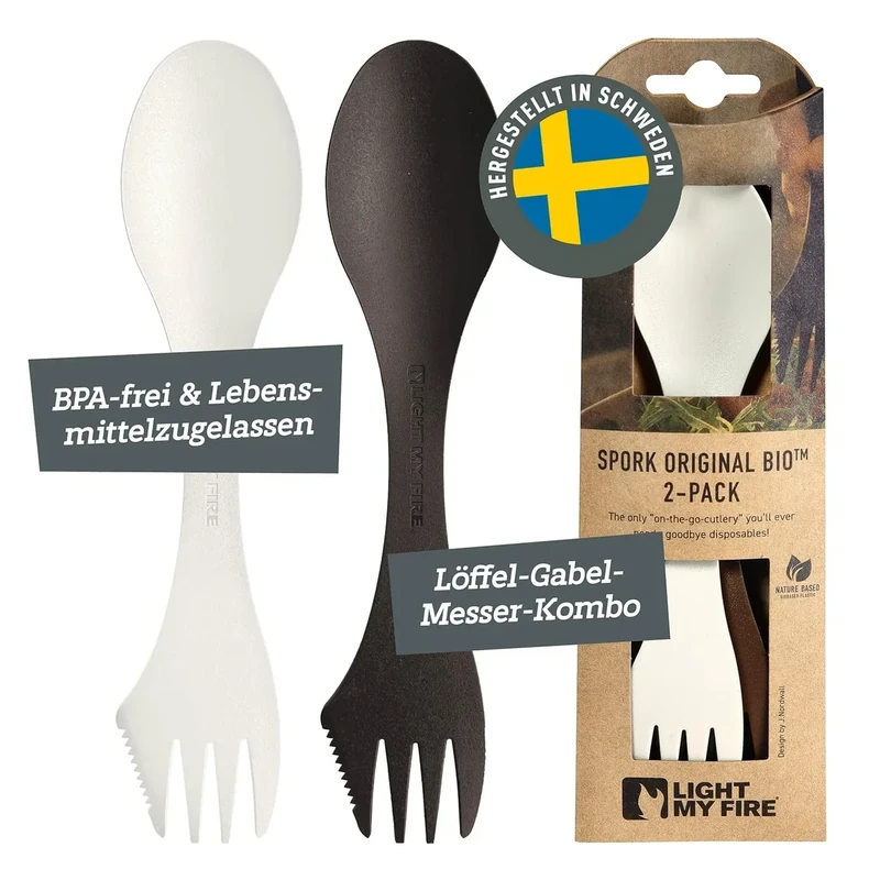 Light My Fire Spork Original Göffel 2-Pack 3-in-1 Campingbesteck - Löffel, Gabel, Messer - Reisebesteck - BPA-Frei & Bio-Basierter Kunststoff