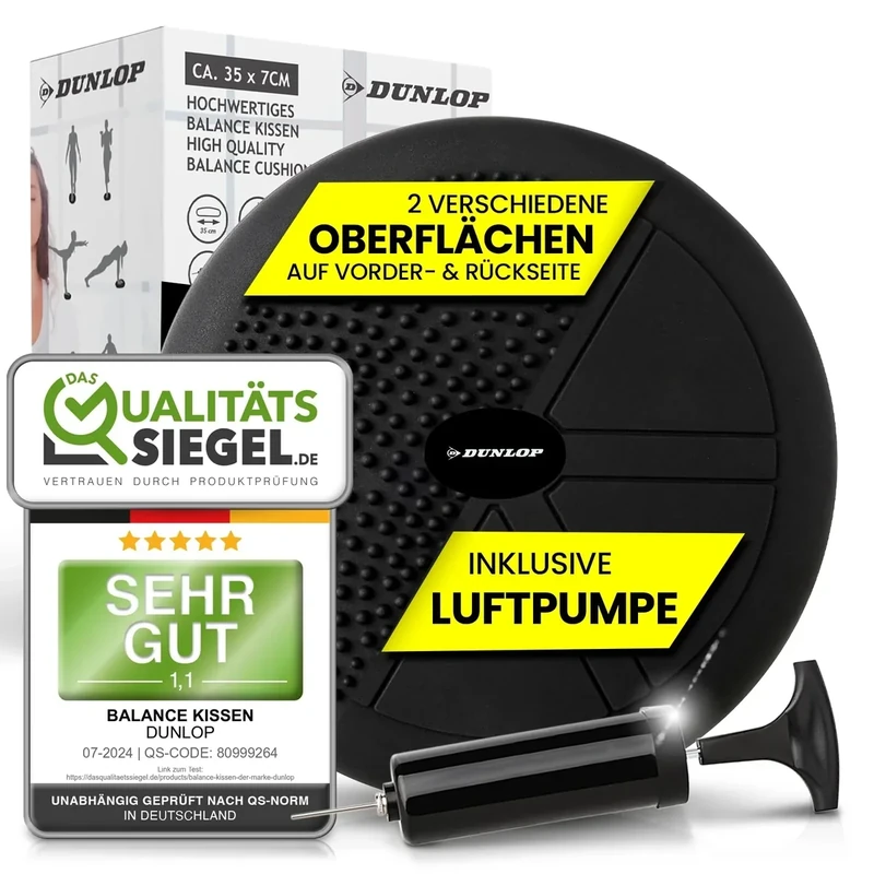 Dunlop Sports Balance Kissen Ball Sitzkissen - für einen stärkeren Rücken in Rekordzeit Premium Balancekissen mit Pumpe 35 x 7 cm orthopädisch über 450 kg belastbar Spezial Noppen, Schwarz