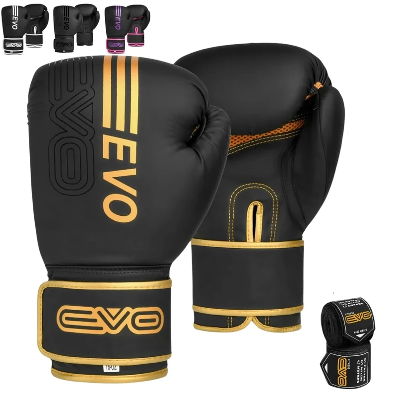EVO Fitness Boxhandschuhe Männer Damen MMA Muay Thai Kampfsport Kickboxen Sparring Training Kämpfen Boxing Gloves Martial Arts Boxen Handschuhe Boxsack Rosa Handbandagen (Golden, 10 OZ)