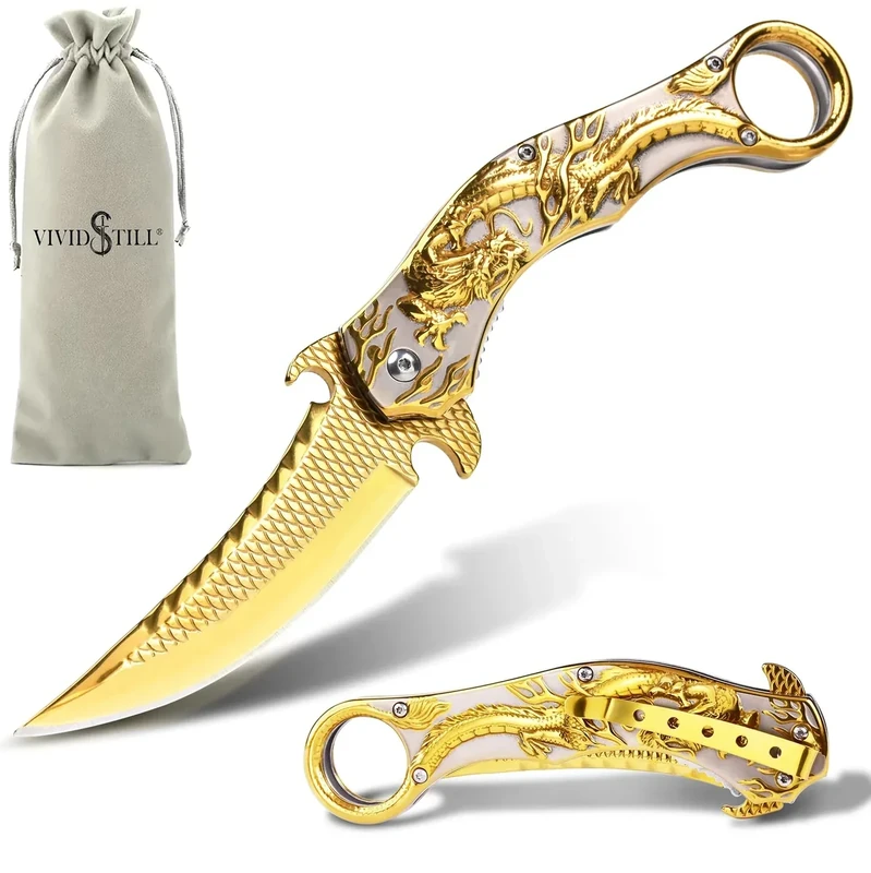 Vividstill cool Drache Klappmesser Taschenmesser für Männer, cool messer mit Titanplattiert Prägen 3D Drache, gute Geschenk Edc Messer für Männer Outdoor Überleben Camping (gold)