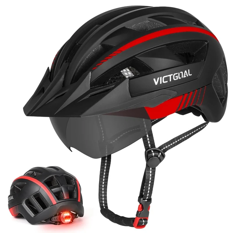 VICTGOAL Fahrradhelm MTB Mountainbike Helm mit magnetischem Visier Abnehmbarer Sonnenschutzkappe und LED Rücklicht Radhelm Rennradhelm für Erwachsenen Herren Damen (XL: 59-63cm, Black Red)