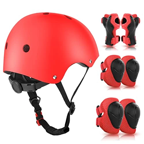 WayEee Knieschoner Kinder mit Helm, Schonerset Kinder 3-10 Jahre, Knieschützer Inliner Kinder Schutzausrüstung für Inliner Skateboard Fahrrad Rollschuh (rot)