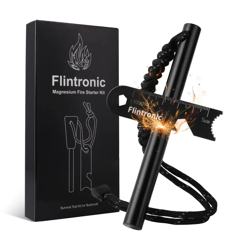 flintronic Feuerstahl mit Handmade Griff, Feuerstein Survival Set, Wasserfester Magnesium-Feuerstarter, mit Pfeife,Teleskop Blasrohr,Schaber mit Skala, für Camping/Wandern/Outdoor