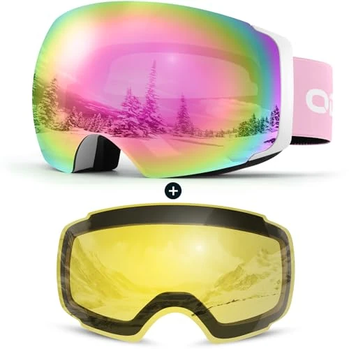 Odoland Skibrille Unisex für Damen und Herren Jungen Rahmenlose Snowboardbrille mit Magnetische Wechselglas UV-Schutz Anti-Nebel Schneebrille Helmkompatible Ski Goggles zum Skifahren Weiß Rosa-Violett