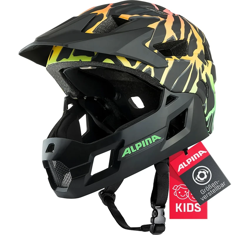 Alpina Rupi - Leichter und Sicherer Fullface-Helm für Kinder und Jugendliche, passend für Mountainbike-Einstieg, Abnehmbarer Kinnbügel, Verstellbare Passform, Optimal Belüftung, Fading-neon 50-55 cm