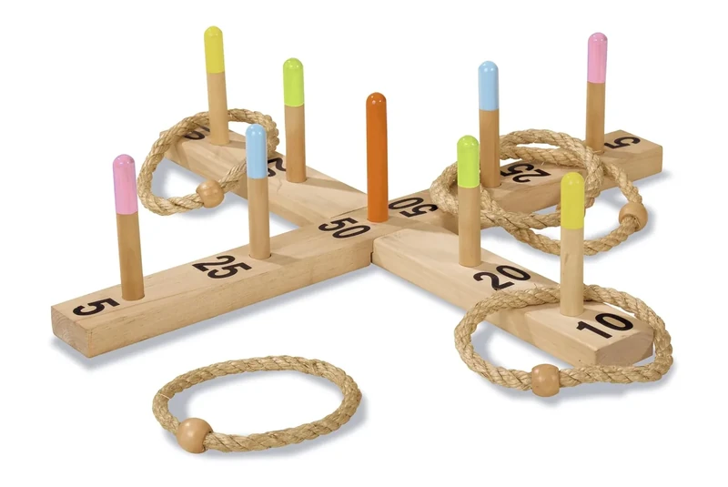 Eichhorn 100004405 - Outdoor Ringwurfspiel - 50x50cm mit 5 Wurfringen, 1 Kreuz, 9 Spielstäben, aus Kiefernholz, Wurfspiel für draußen