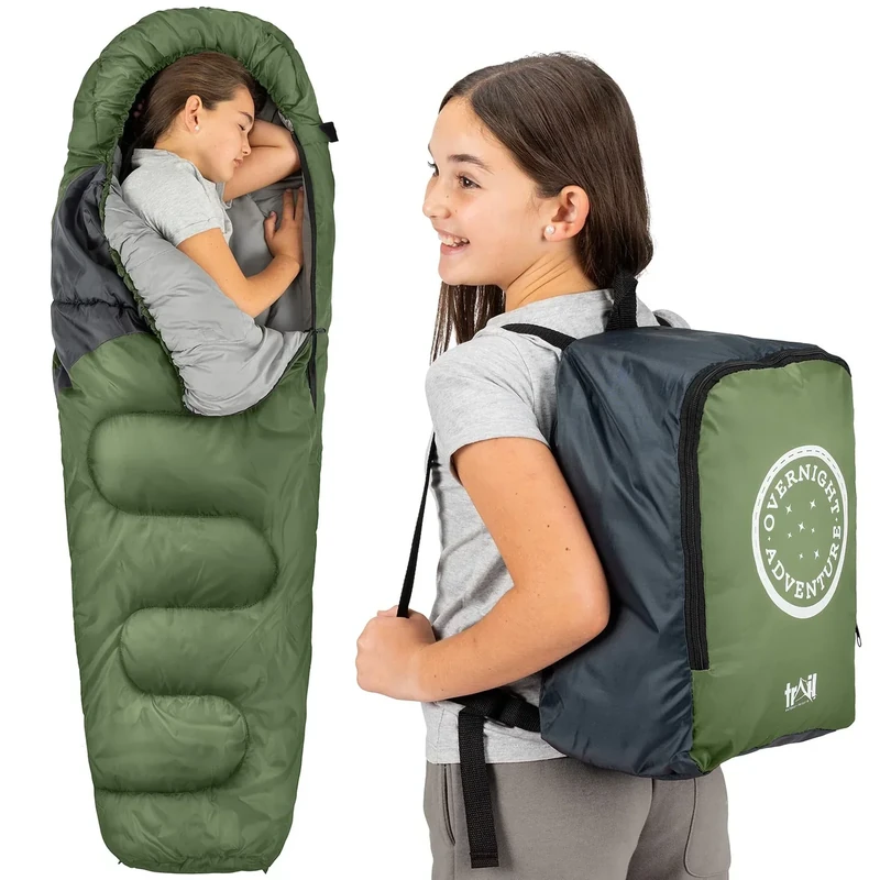 Trail Schlafsack Kinder Mumienschlafsack als Schlafsack 3 Jahreszeiten für Camping – 300gsm – für Jungen und Mädchen – mit Leichtem Transportrucksack - Khaki
