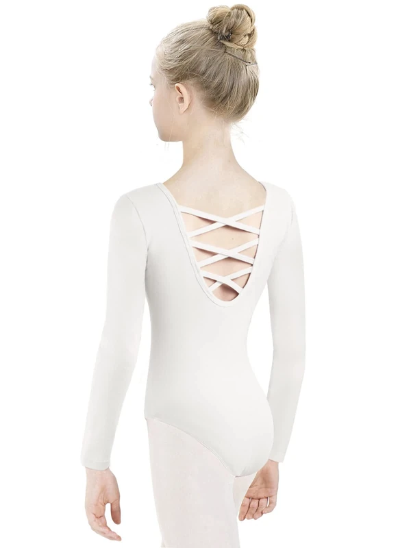tanzdunsje Ballettanzug Mädchen Ballett Trikot Kinder-Lange Ärmel, Ballett Body TanzBody Turnanzug Gymnastikanzug Trikot für Kinder Damen Größe 100-170,Weiß 140