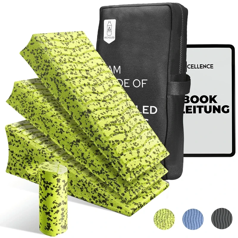 FITCELLENCE® 4er Set, Wadendehner, Knieretter, Dehnen, Wadentrainer, inkl. Massagerolle & Tragetasche aus PET Flaschen, Slant Board, Squat Wedge, Kniekeil, Wadendehner Keil, Squat Keil