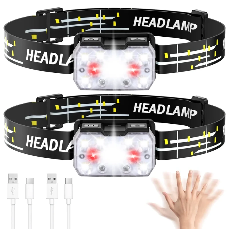 Lsnisni Stirnlampe LED Wiederaufladbar 2 Stück, Kopflampe mit Rotlicht und Haken, 2000 Lumens, Bewegungssensor, 6 Lichtmodi, IPX5 Wasserdichte für Kinder und Erwachsene Camping, Joggen, Angeln - Image 1