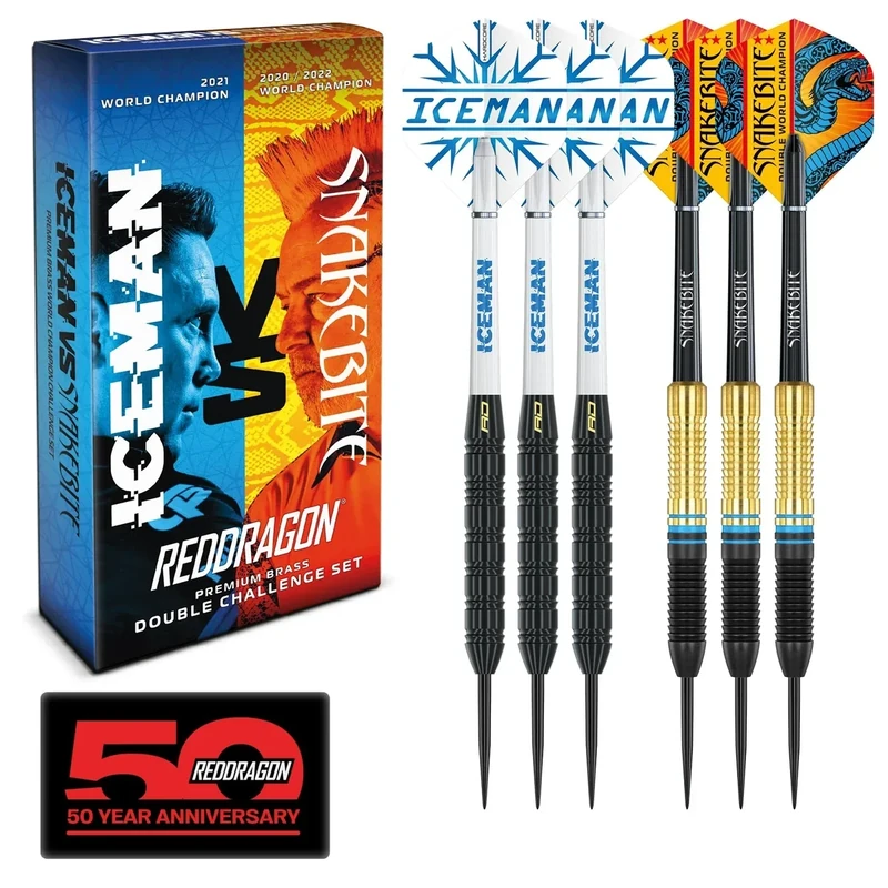 RED DRAGON Peter Wright 'Snakebite' v Gerwyn Price 'Iceman' DWC Steel Tip Dartset aus Messing mit Flights und Schäften