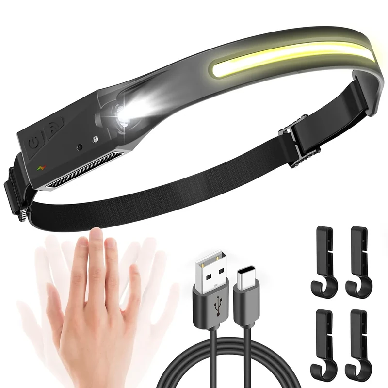 UNBON Stirnlampe LED Wiederaufladbar, LED Kopflampe Stirnlampe Aufladbar USB C Extrem Hell mit 5Lichtmodi 230 Grad Bewegungssensor IPX4 Wasserdicht Leicht Stirnleuchte für Wandern Joggen Laufen Angeln
