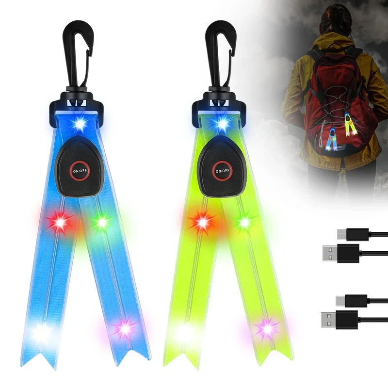 Vaileal LED Blinklicht Schulranzen - 2er USB Aufladbar Kinder Reflektoren Blinklicht Schulranzen Sicherheitslicht, wasserdichte Sicherheit Licht Reflektor Anhänger für Schulranzen (Blau+Grün)