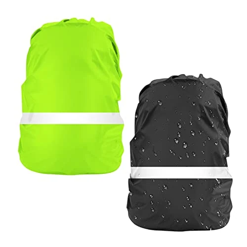 LAMA 2 Stück Wasserfeste Regenschutz Regenhülle Regenüberzug Regenabdeckung mit horizontalen Reflexstreifen Verstellschnalle für Rucksack Schultasche Wandern Klettern Radfahren S 18L-25L Schwarz Grün