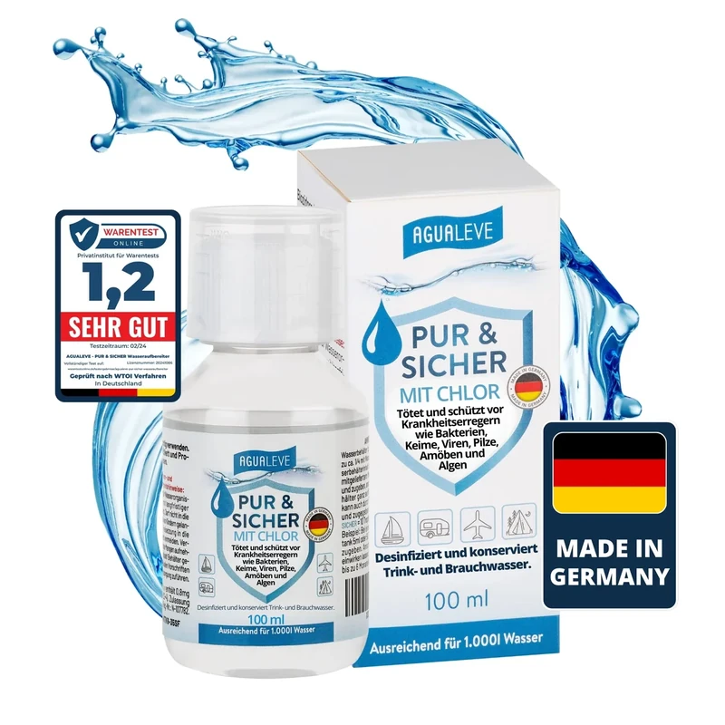 100ml PUR & SICHER *mit* Chlor Wasseraufbereiter Trinkwasser – Desinfiziert Keime, Viren, Bakterien | Wohnmobil, Wohnwagen, Camping, Outdoor, Notvorrat, Notfall, Survival, Reisen | für 1000l Wasser