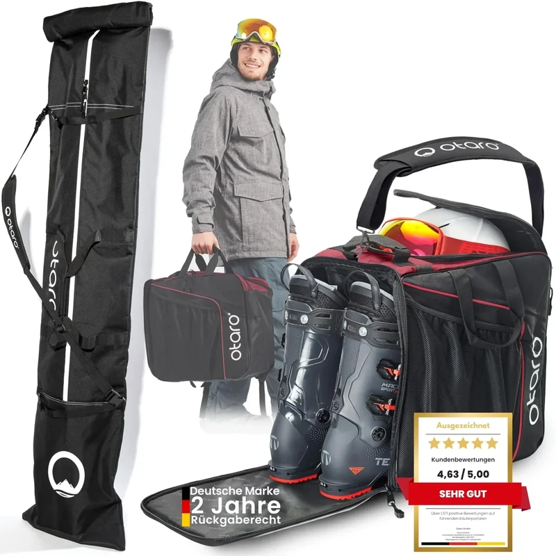 Otaro Skischuhtasche und Skitasche (Classic Set | Bordeauxrot | Für 1 Paar Ski) | Skitasche für Ski und Skischuhtasche mit Helmfach | Ski Taschen, Skischuhtaschen