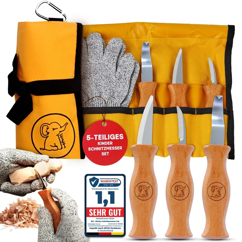 Eli® Schnitzmesser Kinder Set ab 6 Jahre - hochwertiges 5-teiliges Kindermesser Schnitzset inkl. schnittfeste Handschuhe - Kinderschnitzmesser - Schnitzwerkzeug – Taschenmesser