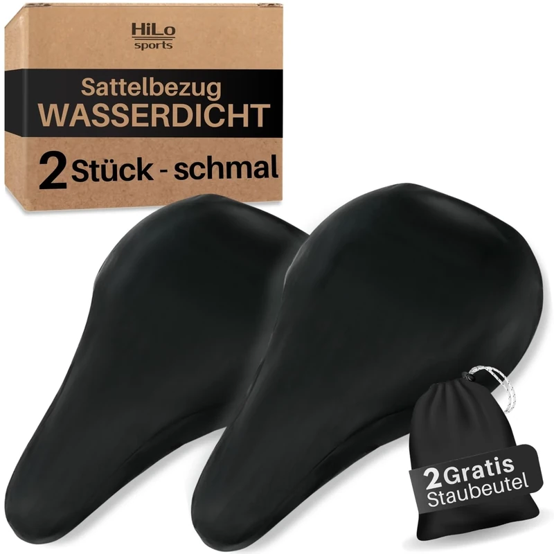 Hilo Sports 2 Stück Sattelbezug Fahrrad [wasserdicht & reißfest] - Schmale Version in Schwarz - Fahrradsattel Überzug mit Aufbewahrungsbeutel - Regenschutz Fahrradsattel
