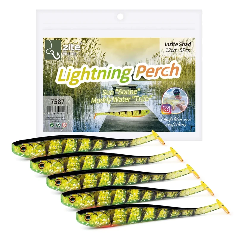 Zite Fishing Gummifische Zander Set – Inzite Shad 12cm Diverse Farben - 5STK Fängige Gummiköder Zanderangeln - Softbait Angelköder UV-Aktiv (Lightning Perch)