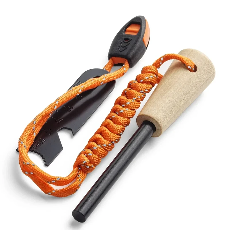 WallEgo Feuerstahl mit Holz Griff, Feuerstein Outdoor Survival Werkzeug Set, Ewiges Streichholz Feuerstab, Magnesium Feueranzünder mit Notfall Pfeife Feuerstarter für Abenteuer, Camping, Wandern