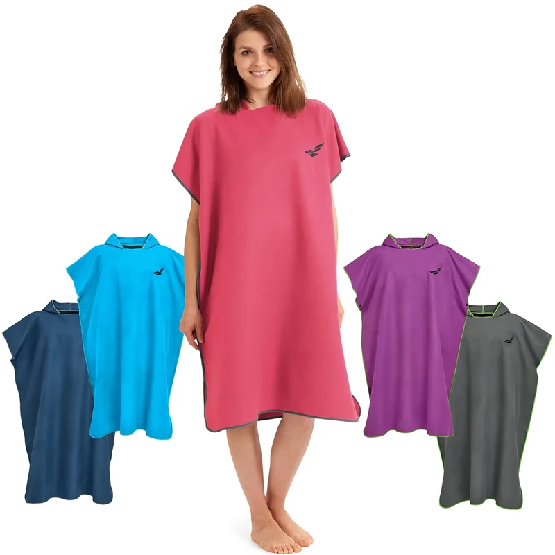 Fit-Flip Badeponcho aus Mikrofaser für Damen und Herren - schnelltrocknend, kompakt und Ultraleicht - Strandponcho für Erwachsene mit Kapuze (Größe M, Koralle/Grau)