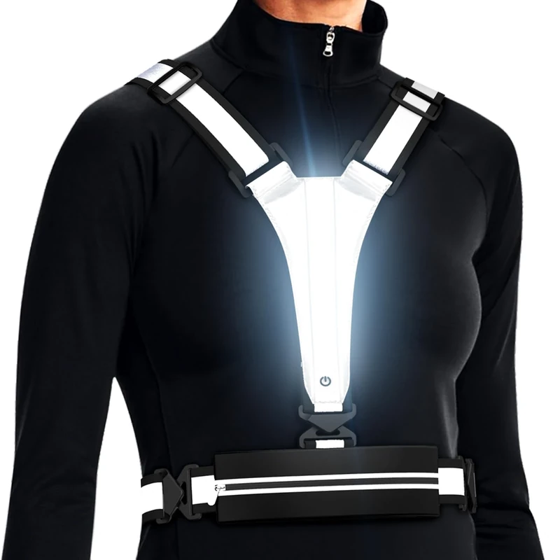 Reflektierende LED-Weste, Laufausrüstung, über wiederaufladbar, leuchtende Laufweste, Brust, Handyhalter für Läufer, Nachtspaziergänge, 6–11 Stunden Licht, verstellbare Taille/Schulter für (Schwarz)