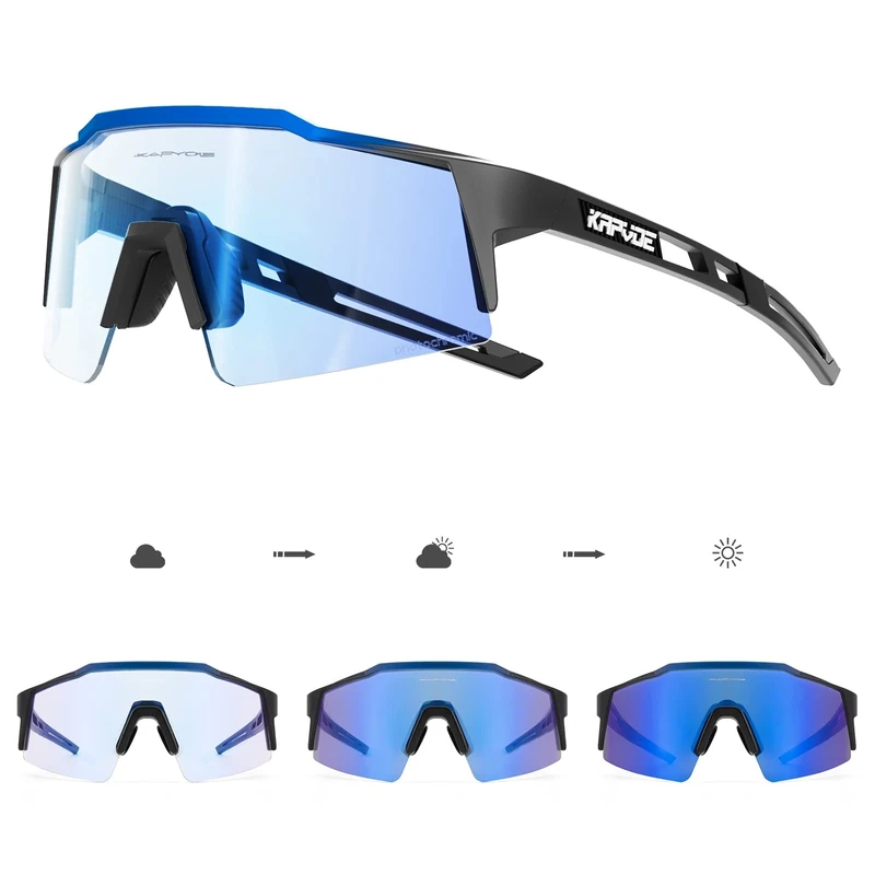 KAPVOE Photochromatische Selbsttönend Fahrradbrille TR90 Rahmen für Herren Damen Klar Sportsonnenbrille Sport Radfahren MTB Radbrille Fahren Sportbrille Baseball Laufen Blau Schwarz 07