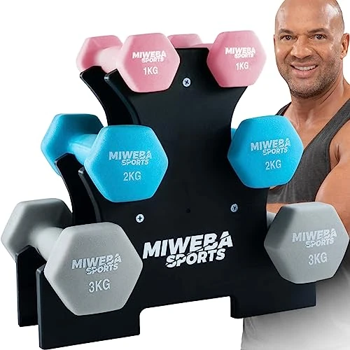Miweba Sports Vinyl Hantelset NKH120 | Profi Hantel - Hexagon Hanteln Set - Kurzhanteln - Kurzhantel Set - Gymnastikhanteln - Hantelständer - Hantel - Dumbbell - 1-3kg (Rosa/Türkis/Grau)