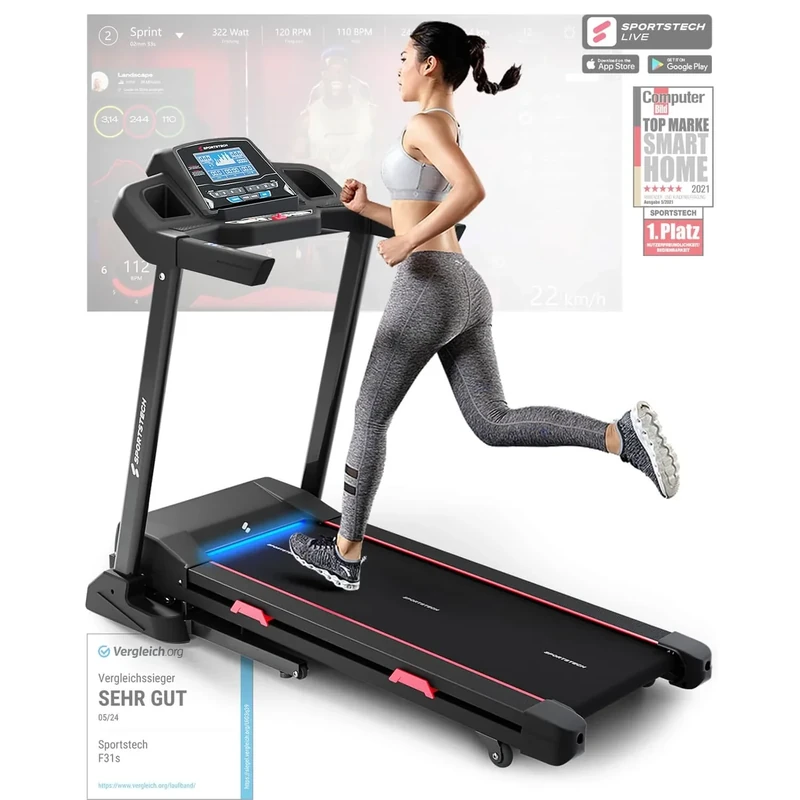 Sportstech F31s Profi Laufband für Zuhause I Premium APP via Bluetooth I LED & Tablethalterung I Deutsche Qualitätsmarke I 4.5 PS, 16 km/h - Fitness Treadmill klappbar (F31s schwarz)