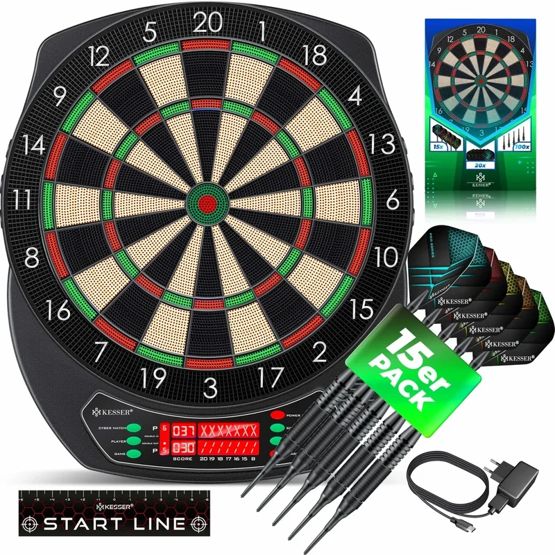 KESSER® Elektronische Dartscheibe Profi Set - E Dartboard mit 15 Dartpfeile + 20 Pro Flights 100 Pfeilspitzen + Zubehör Dart für 1 bis 8 Spieler mit LED Anzeige