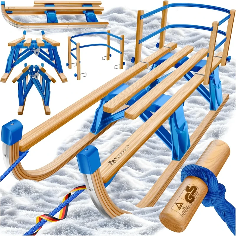 KESSER® Holzschlitten 110 cm Davoser Rodel Faltbar & Klappbar, Kinderschlitten; Premium Holz-Schlitten aus Buchenholz, Klappschlitten, Metall Kufen, Optional mit Lehne, Geschenk, Buche/Blau